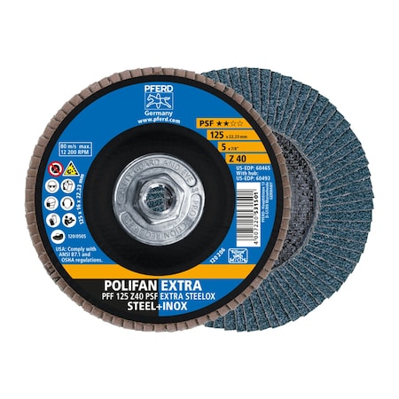 Pferd 5" x 5/8-11 Thd. POLIFAN Flap Disc - Z PSF EXTRA STEELOX, Zirconia, 40 Grit, Flat 60493